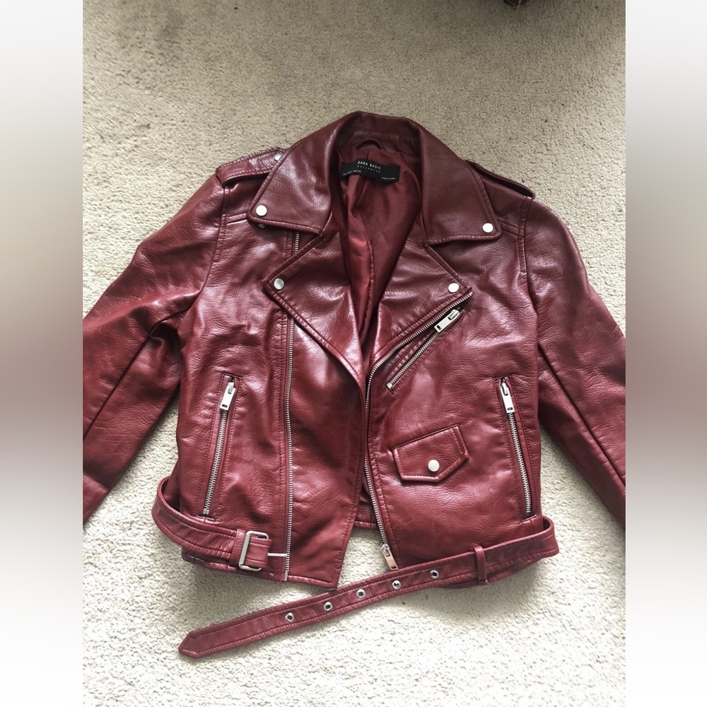 Zara burgundy faux leather biker jacket